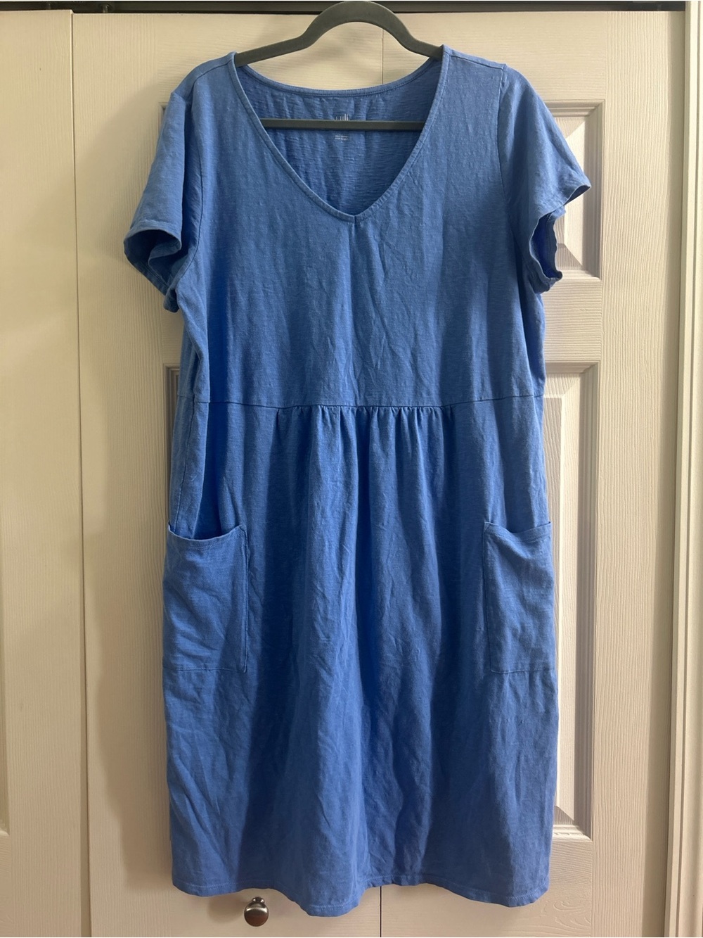 J Jill Dress Women’s Size L Blue Knit V Neck Short Sleeve Pockets Summer